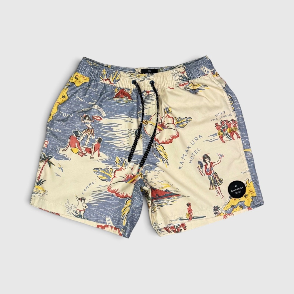 Quiksilver Board Shorts - Men's - S - Cream Kamakura Hotel / Banzai Bar Print